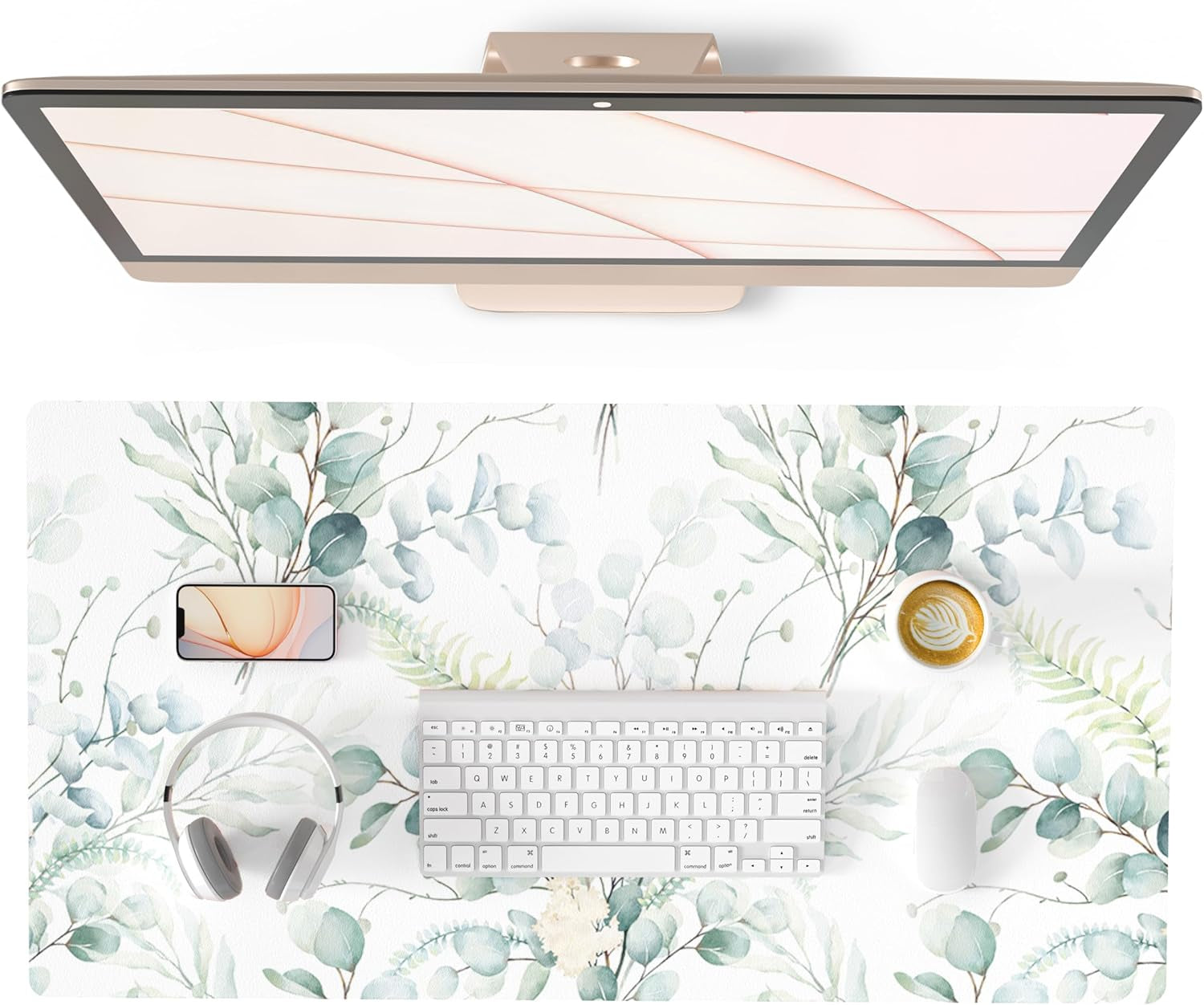 QIYI White Mouse Pad, Cute Marble Large Desk Mat, PU Leather Desk Protector Mousepad, Gold Grey Striped Waterproof Computer Keyboard Gaming Mouse Pads, Non Slip Extended Writing Pad 31.5" X 15.7"