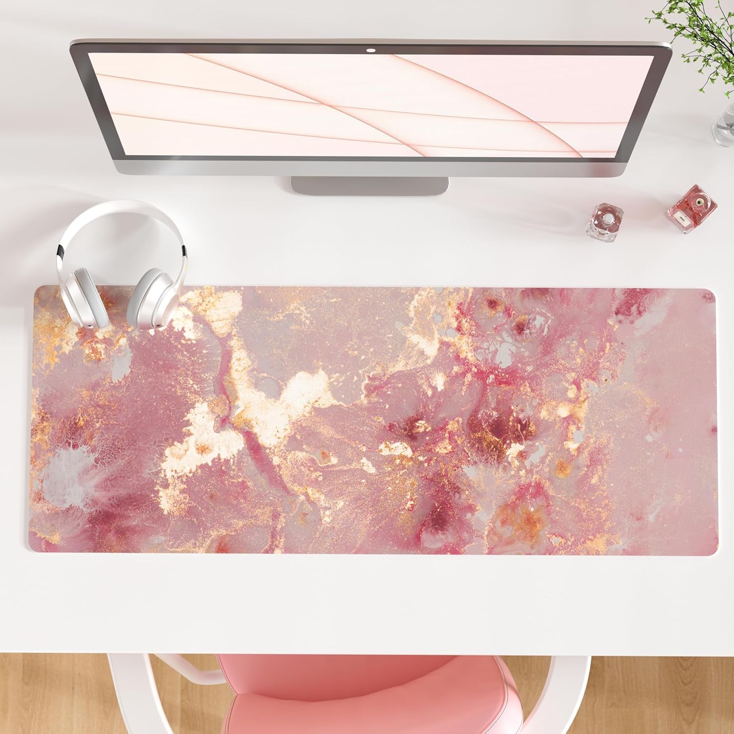 QIYI White Mouse Pad, Cute Marble Large Desk Mat, PU Leather Desk Protector Mousepad, Gold Grey Striped Waterproof Computer Keyboard Gaming Mouse Pads, Non Slip Extended Writing Pad 31.5" X 15.7"