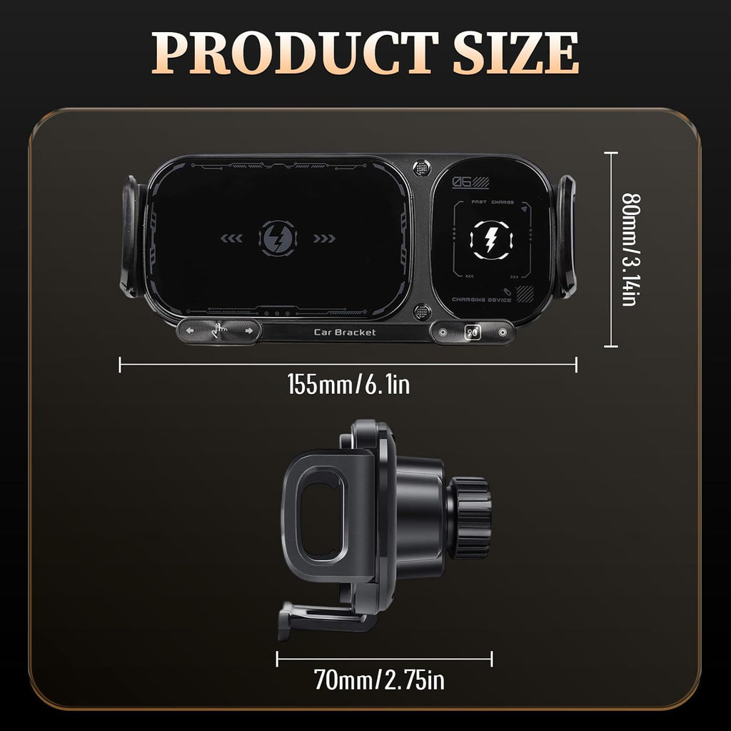 Wireless Charging Rotating Car Mount, 15W Fast Charger with Auto Clamping, One-Click 90° Rotation, 360° Rotation, Anti-Shake Technology, Foldable Phone Fit