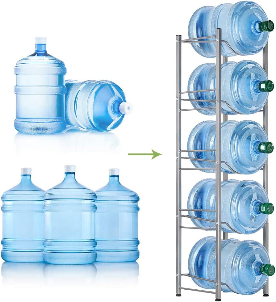 MOOACE 5-Tier Detachable Water Jug Rack - Stylish 5 Gallon Bottle Holder for Kitchen, Office, and Home in Silver