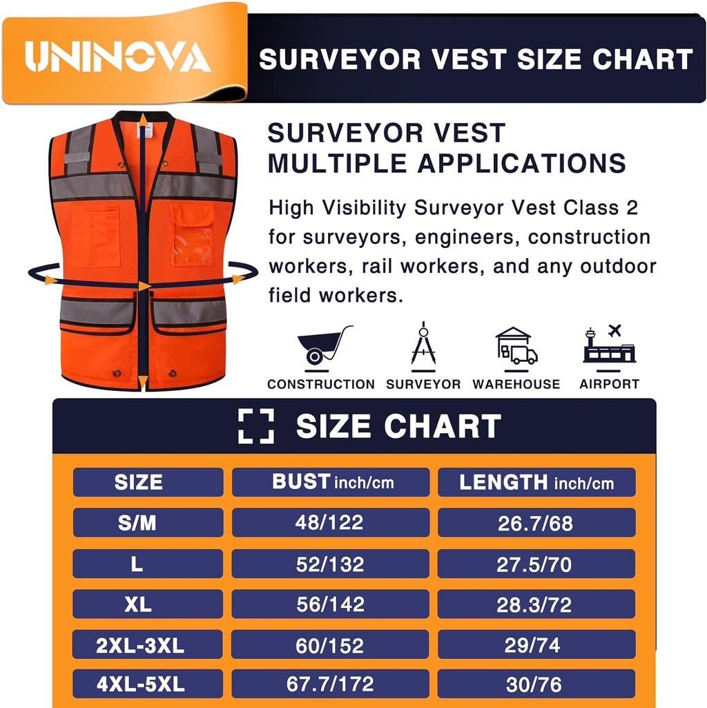 High Visibility UNINOVA Class 2 Reflective Safety Vest for Men - Mesh Construction Vest with Pockets and Zipper