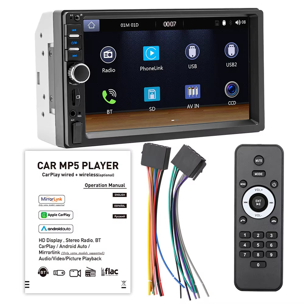 BQCC 7" 2Din/1 Din MP5 Car Player Mirrorlink Wired Android Auto/Carplay BT AUX Colorful Lights FM Car Radio F7018C
