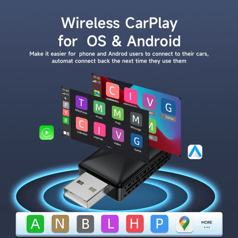 2-In-1 New Wireless Carplay Adapter Wired to Wireless Dongle for Apple & Android Auto Plug and Play Universal Car Accessory