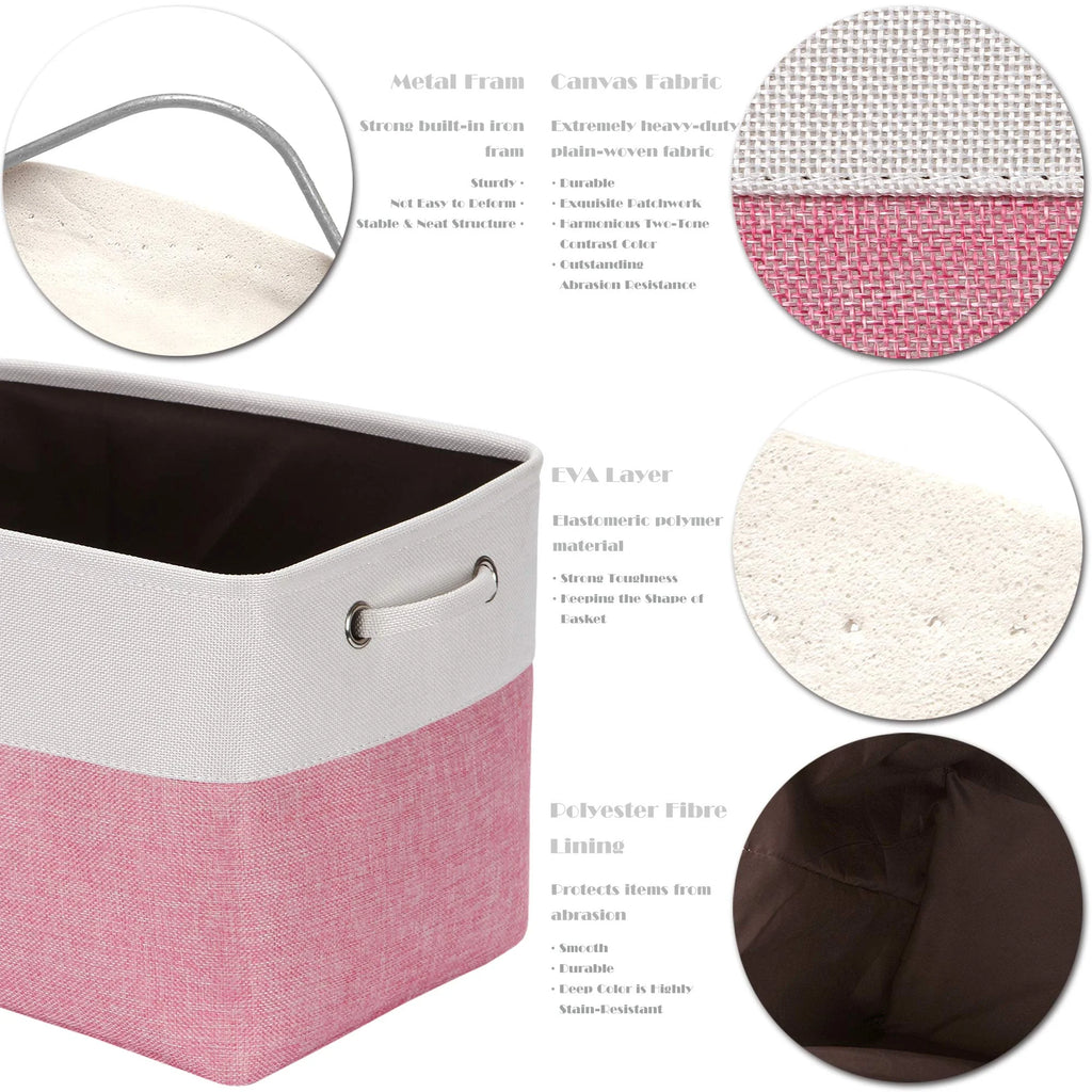 3-Pack Large Storage Basket Set, Trunk Organizer, Clothes Toys Bin, 15 X 10 X 10 Inches, Big Rectangular Canvas Fabric Collapsible Shelf Box with Handles, Pink & White
