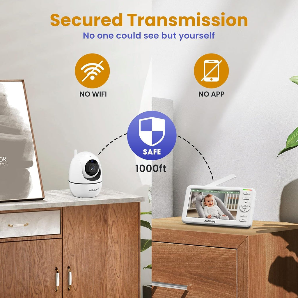 ANMEATE 5" HD Video Baby Monitor with Camera and Audio - No Wifi, 48H Battery Life,720P Remote Pan Tilt Zoom, Two-Way Talk, Night Vision, Thermal Room Monitor, Lullabies & White Noise, 1000Ft Range