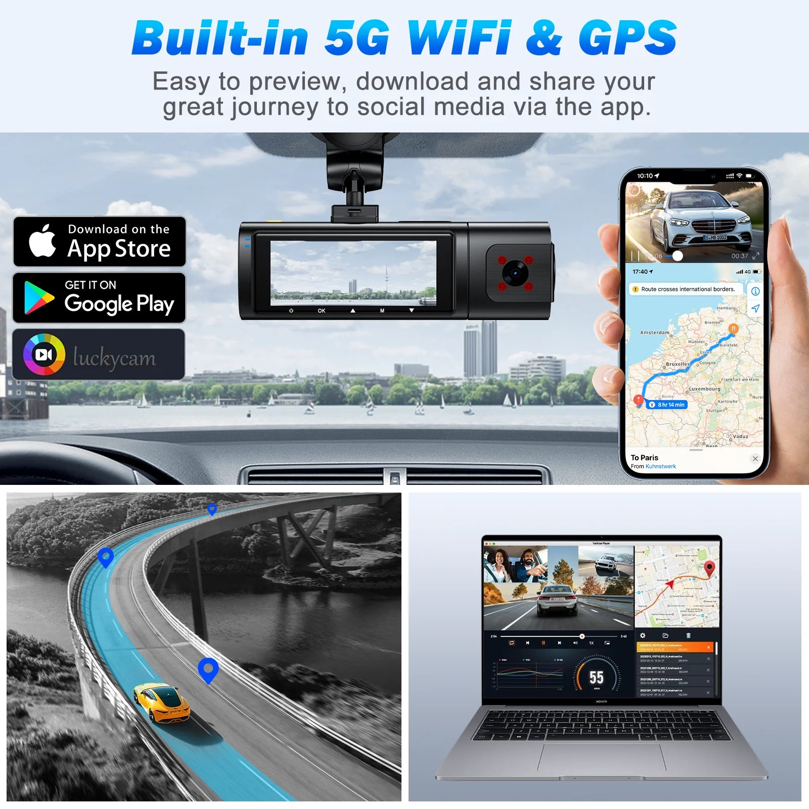 NEXPOW Dash Cam Front and Rear, 4K Full HD Dash Camera with Built-In Wifi GPS, Super Night Vision, WDR, 24H Parking Mode, 32GB Card Included