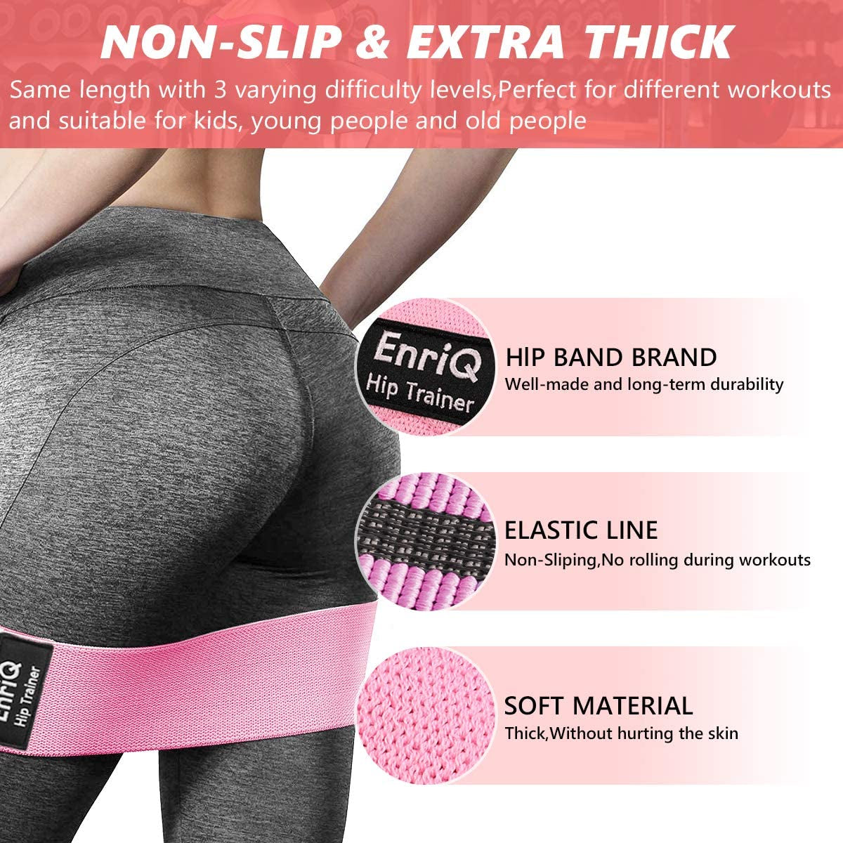 Premium Enriq Booty Bands - Non-Slip Fabric Resistance Bands for Legs and Glutes - Activate Your Thighs and Butt with Elastic Workout Bands