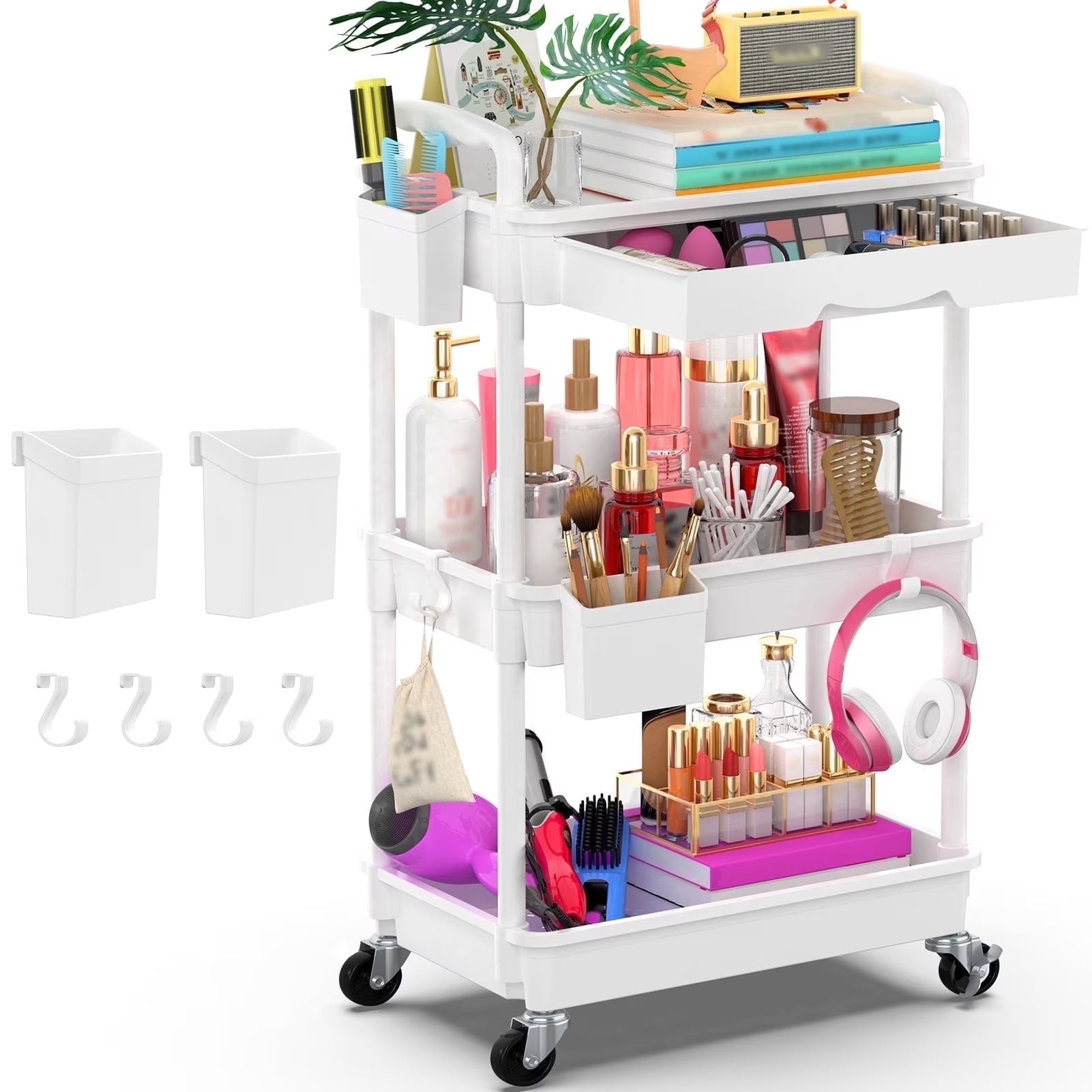 Yeabett 4 Tier Rolling Utility Cart Organizer with Removable Drawer, Mobile Storage Carts with 2 Lockable Wheels for Bathroom, Kitchen, Snack, Craft, Makeup, Baby Essentials，Purple