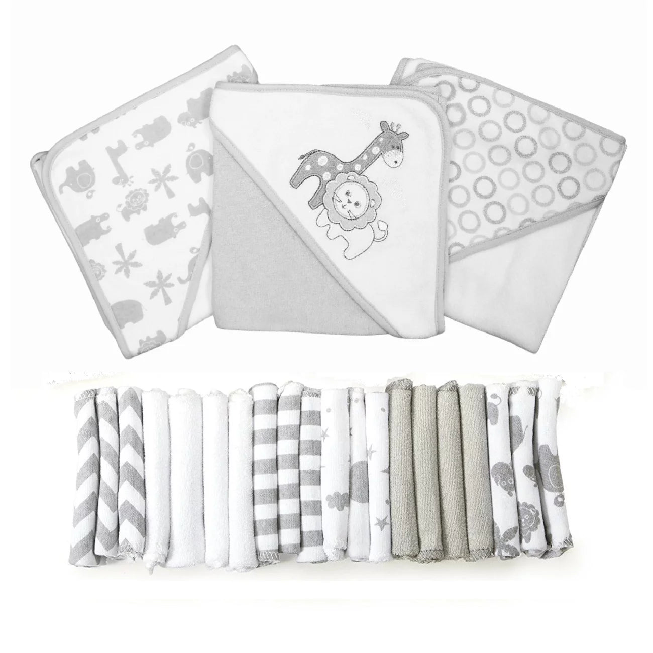 Spasilk Bath Hooded Towels & Washcloths Set for Babies, 23-Piece Gift Set, White Butterfly