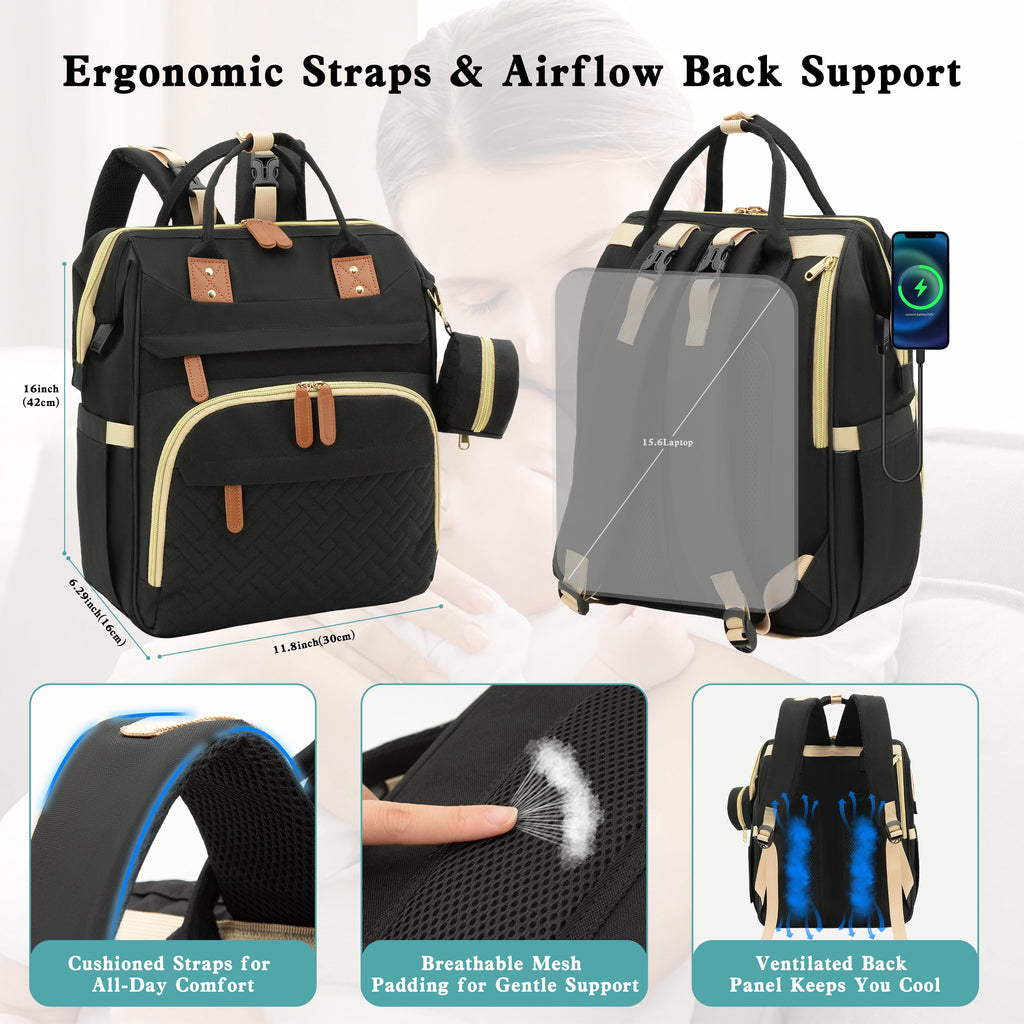 Diaper Bag Backpack, DERSTUEWE Diaper Backpack, Baby Bag with Insulated Bottle Pockets, Unisex, Black