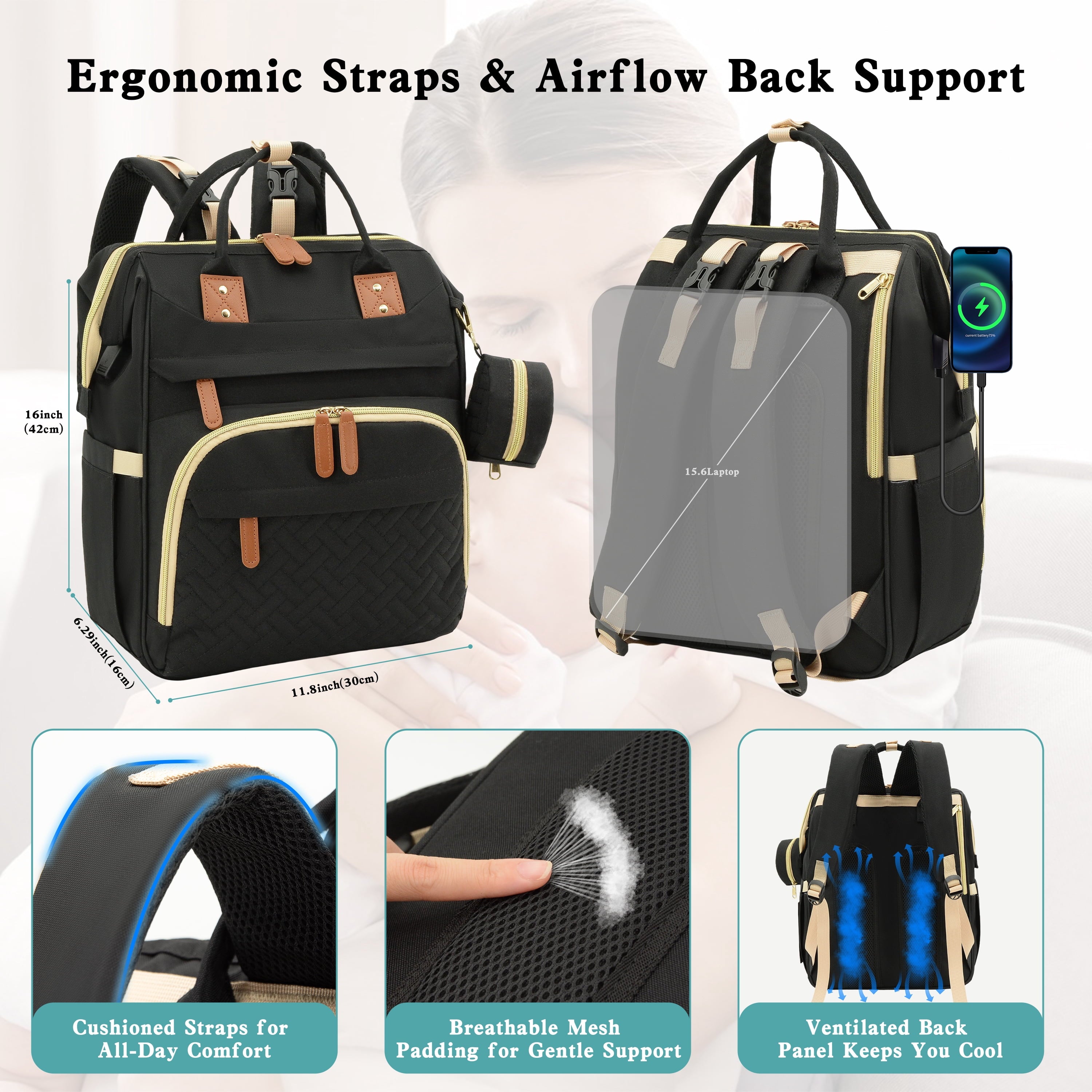 Diaper Bag Backpack, DERSTUEWE Diaper Backpack, Baby Bag with Insulated Bottle Pockets, Unisex, Black