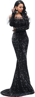 Miss Ord Sexy off Shoulder Feather Longsleeve Sequin Floor Length Evening Party Maxi Reflective Dress Vestidos