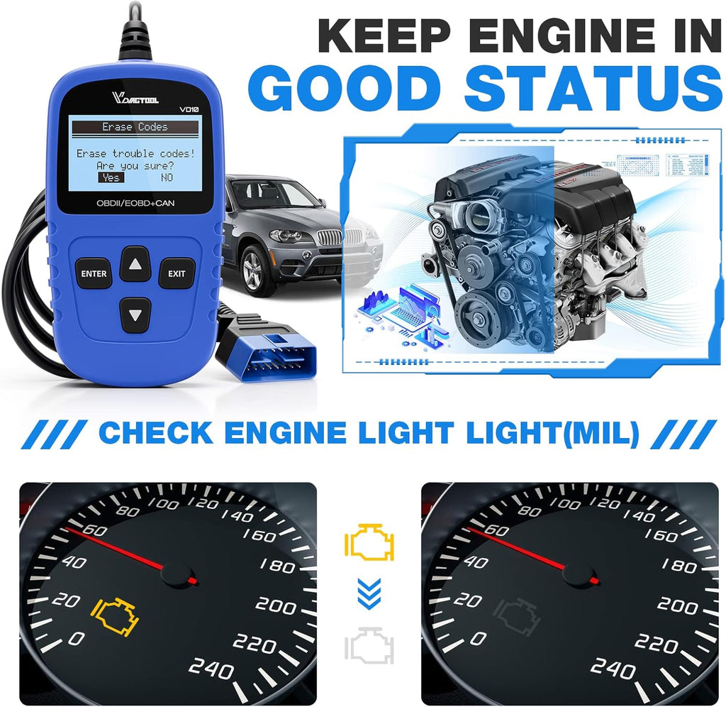 VDIAGTOOL VD10 OBD2 Scanner Code Reader Car Diagnostic Tool Engine Fault Code Reader for Turn off CEL with Freeze Frame/I/M Readiness for All OBDII Protocol Cars, OBD2 Scanner Diagnostic Tool