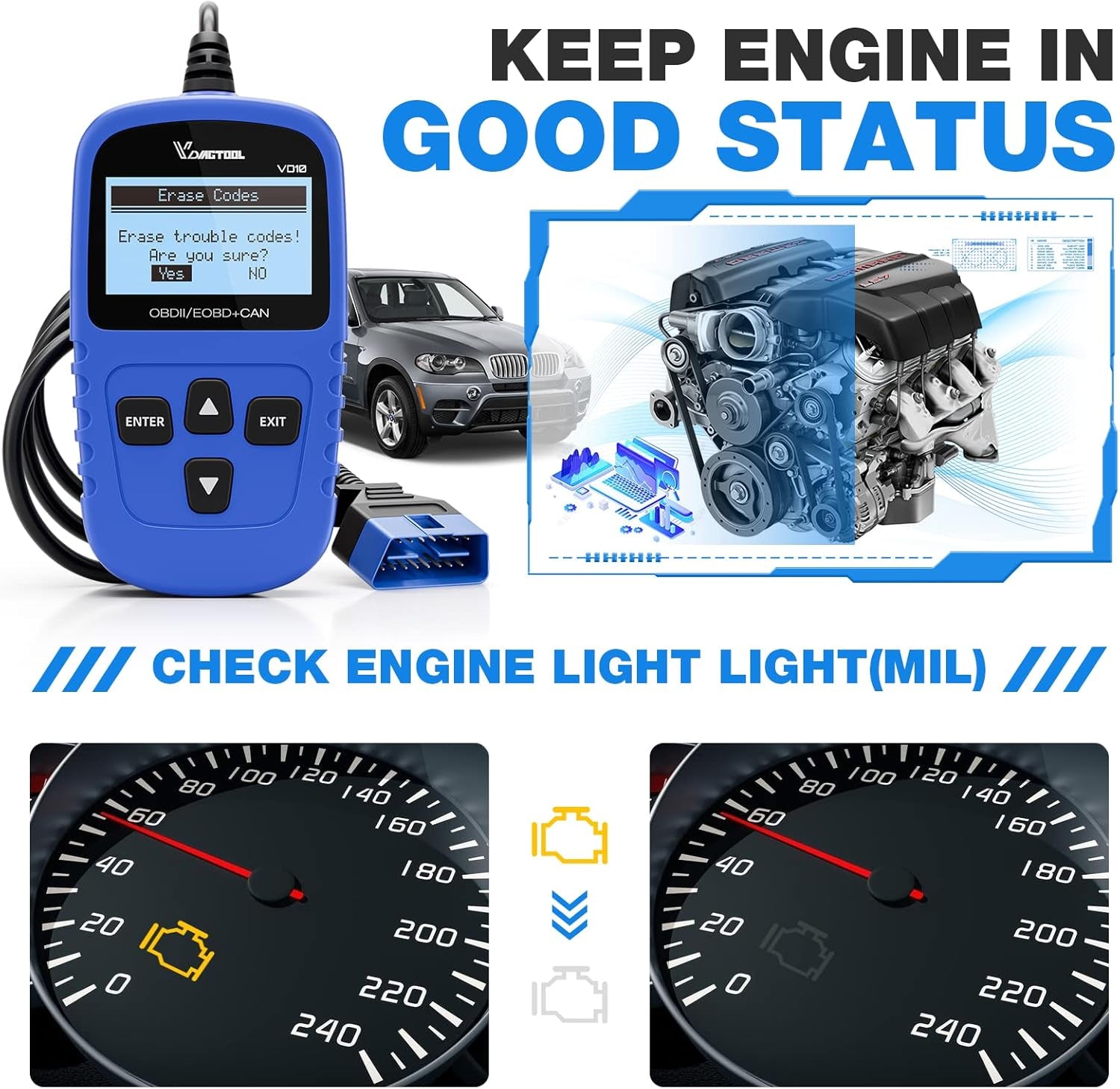 VDIAGTOOL VD10 OBD2 Scanner Code Reader Car Diagnostic Tool Engine Fault Code Reader for Turn off CEL with Freeze Frame/I/M Readiness for All OBDII Protocol Cars, OBD2 Scanner Diagnostic Tool