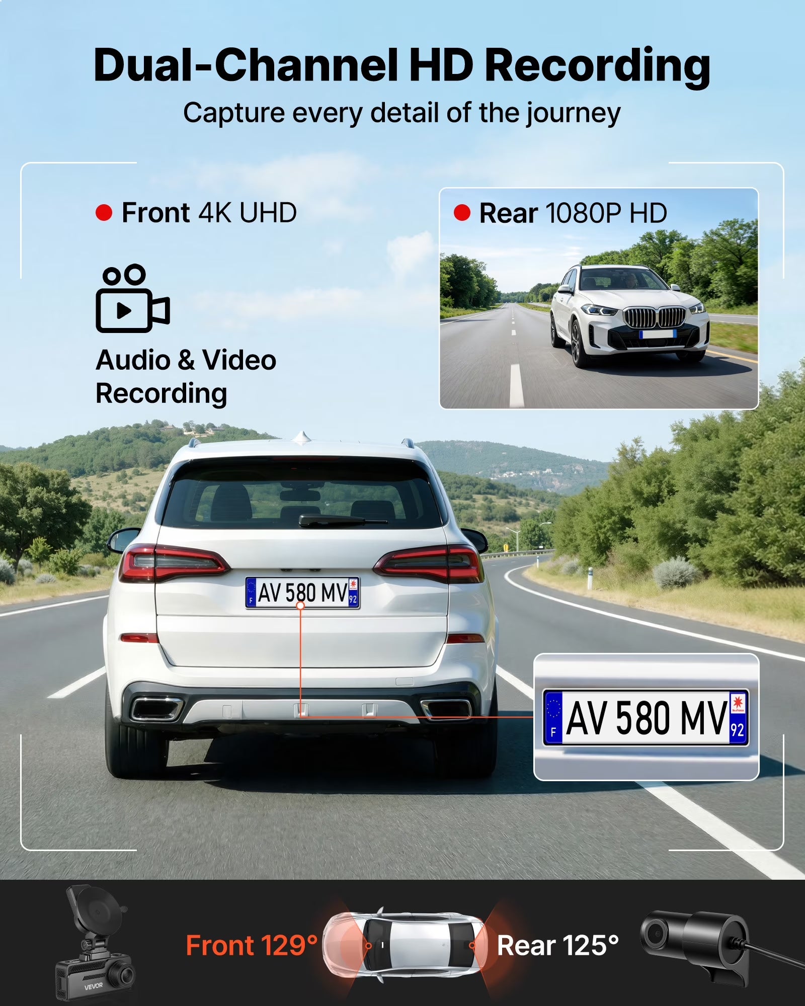 VEVOR Dash Cam Front and Rear, 4K+1080P, 64 GB Card Included, Dual Channel Dash Camera for Cars with Built-In GPS, G-Sensor, Front 129° & Rear 125°, 3.18" Touch Screen, Loop Recording, Parking Mode