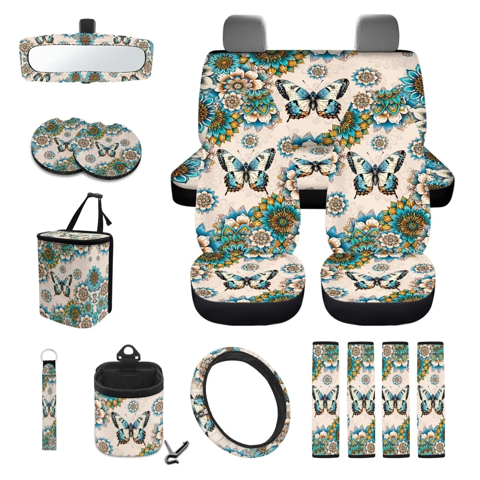 Butterfly Car Seat Covers Full Set for Women Boho Car Accessories Set 15 Pcs Universal Fit Steering Wheel Cover and Seat Belt Pad for Most Cars, Suvs, Trucks