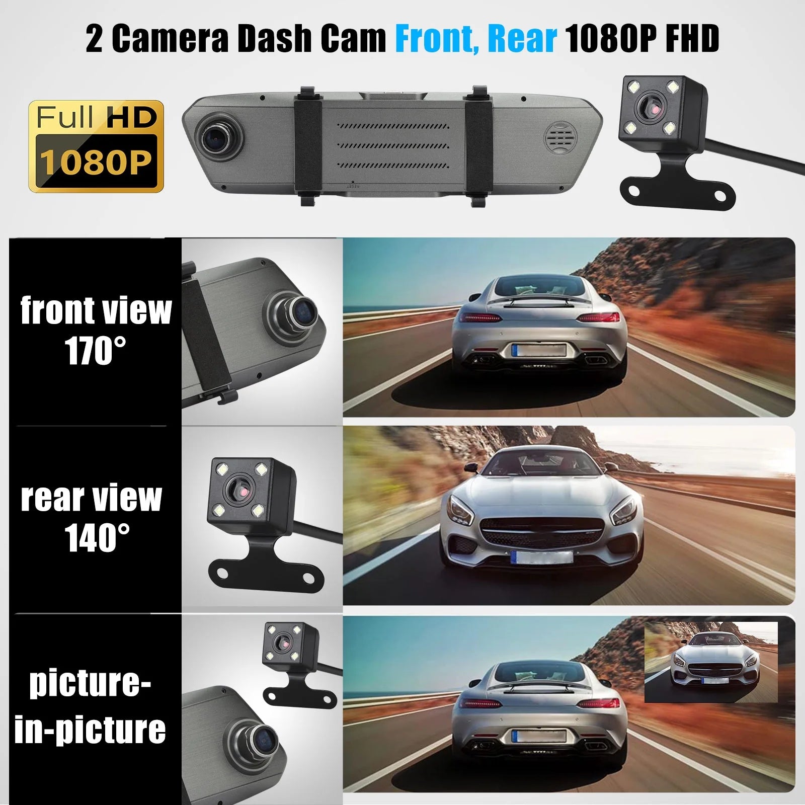 Eeekit 1080P Mirror Dash Cam Backup Camera, Front and Rear View Dual Camera with Night Vision, 7" Touch Screen, 32GB TF Card Supported