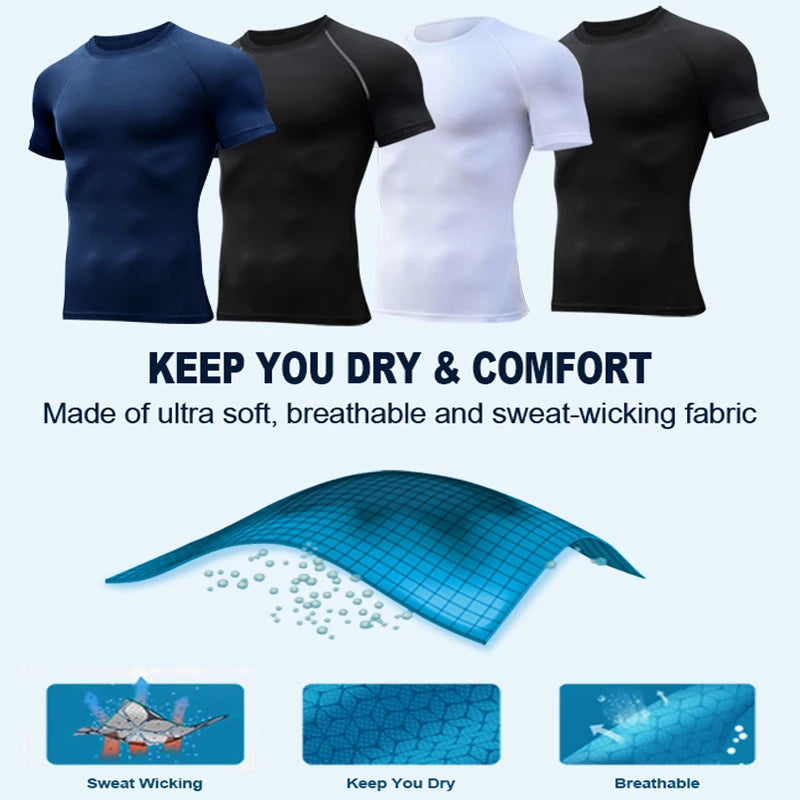 Men'S Compression Shirts Summer Short Sleeves Tees T-Shirt Gym Workout Fitness Running Tops Undershirts Baselayer Sportswear