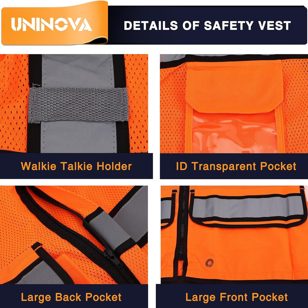 High Visibility UNINOVA Class 2 Reflective Safety Vest for Men - Mesh Construction Vest with Pockets and Zipper