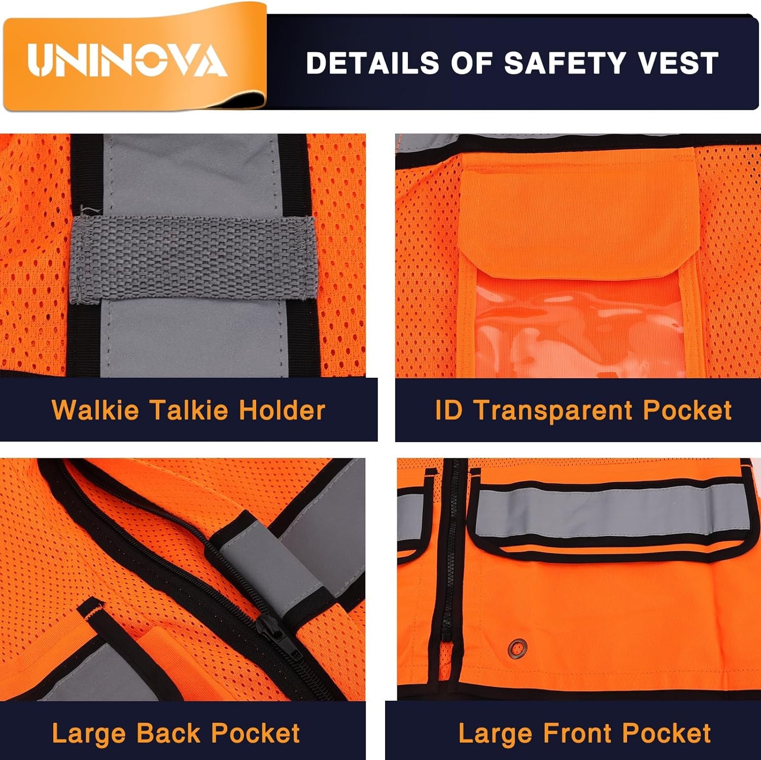 High Visibility UNINOVA Class 2 Reflective Safety Vest for Men - Mesh Construction Vest with Pockets and Zipper