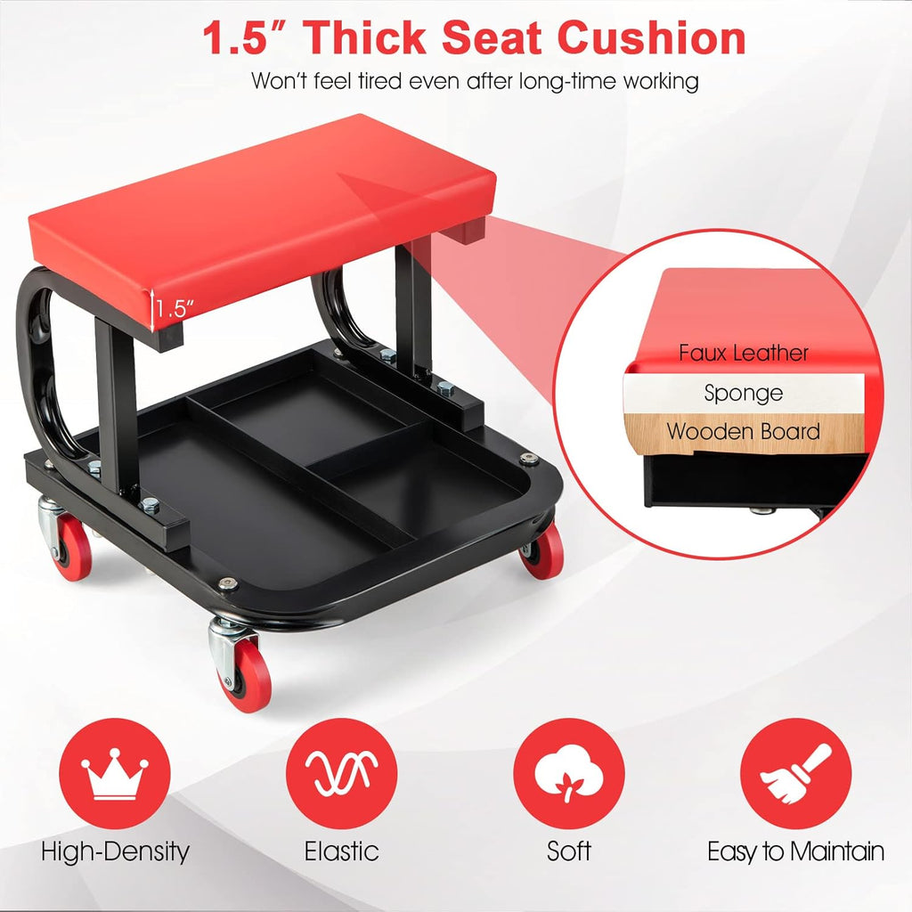 Goplus Mechanic Stool with Wheels, 22.5”-27.5” Adjustable Rolling Garage Stool with Padded Seat, 330LBS Capacity, Tool Tray, Heavy Duty Creeper Seat, 360° Swivel Shop Chair for Workshop