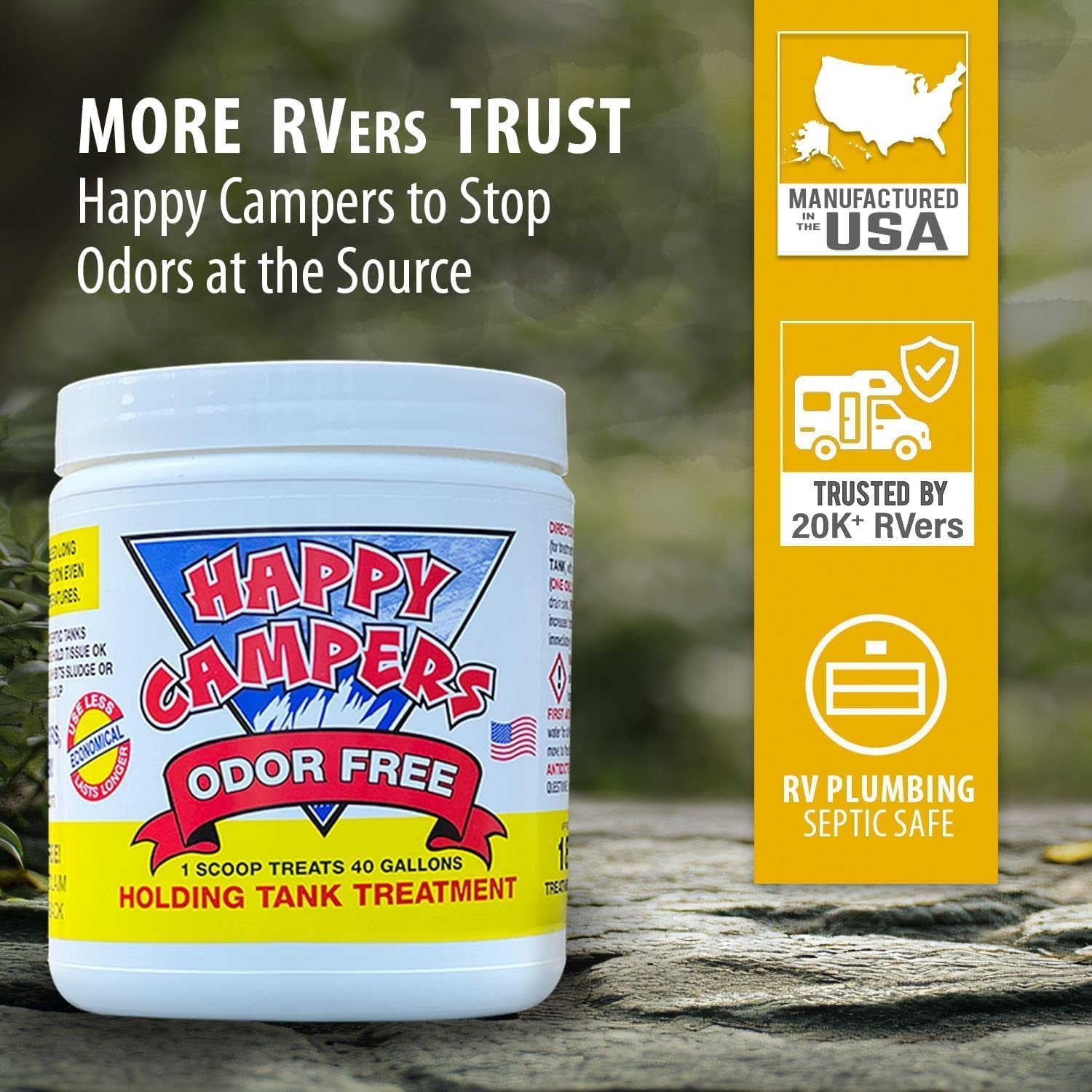 Happy Campers RV Toilet Treatment - Ultimate Odor Control & Long-Lasting Tank Care (18 Treatments) - Prevent Clogs, Buildup & Sensor Failures for a Clean, Healthy, Odor-Free RV Experience