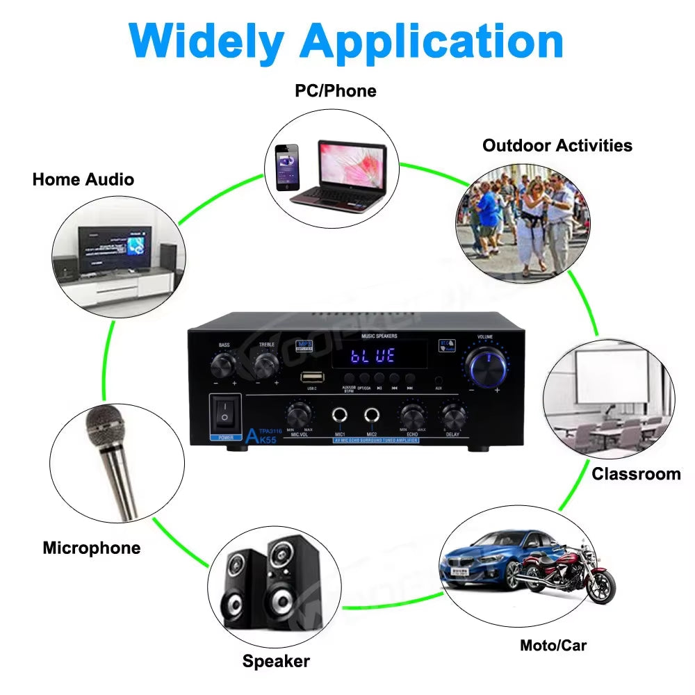 Woopker AK35/AK45/AK45 Pro/Ak55 Digital Amplifier Bluetooth Sound Amplifier 2 Channel Hifi FM USB Audio Amp for Home Car Karaoke