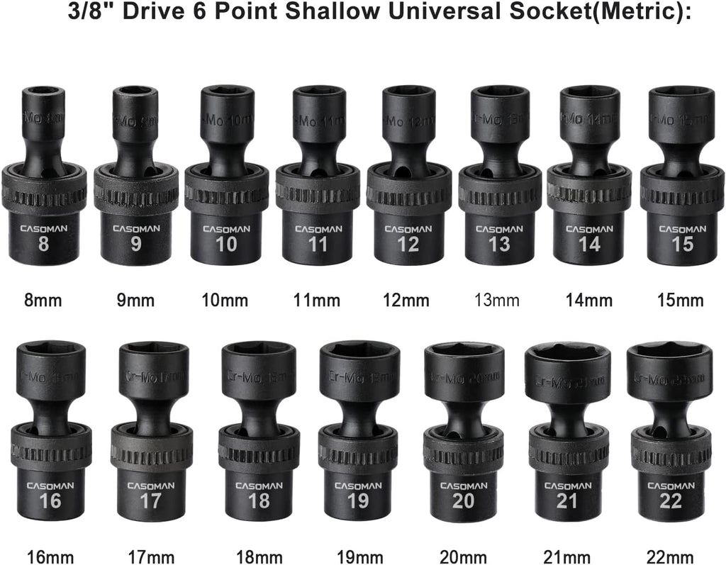 CASOMAN 15-Piece 3/8" Drive Metric Universal Impact Socket Set - 6-Point, 8mm to 22mm