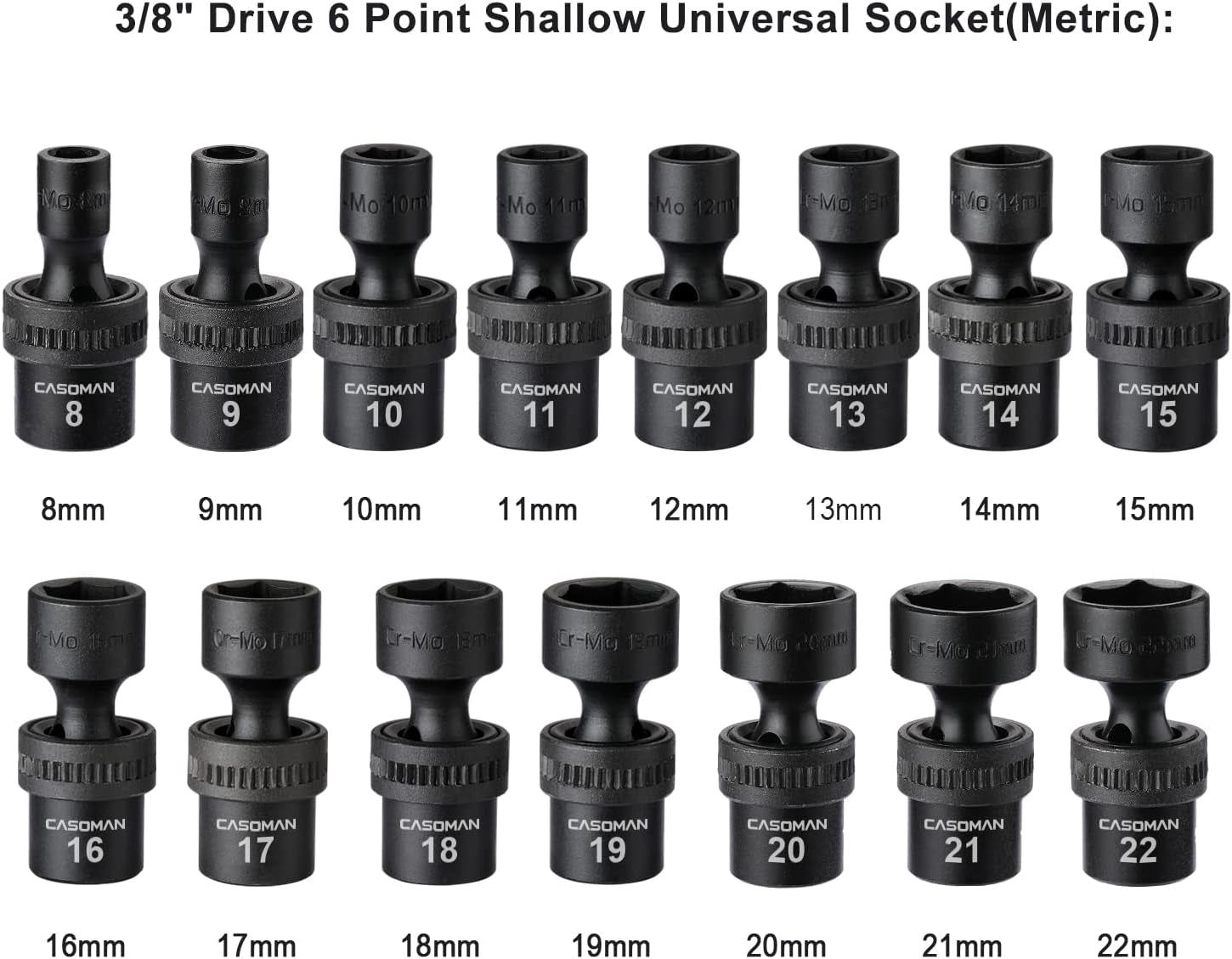 CASOMAN 15-Piece 3/8" Drive Metric Universal Impact Socket Set - 6-Point, 8mm to 22mm