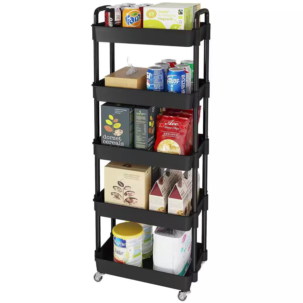 5-Tier Black Storage Organizer with Wheels and Classified Stickers, Utility Storage Carts for Bathroom, Laundry, Kitchen