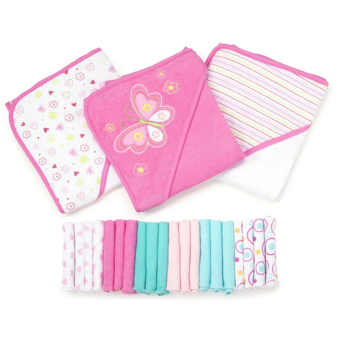Spasilk Bath Hooded Towels & Washcloths Set for Babies, 23-Piece Gift Set, White Butterfly