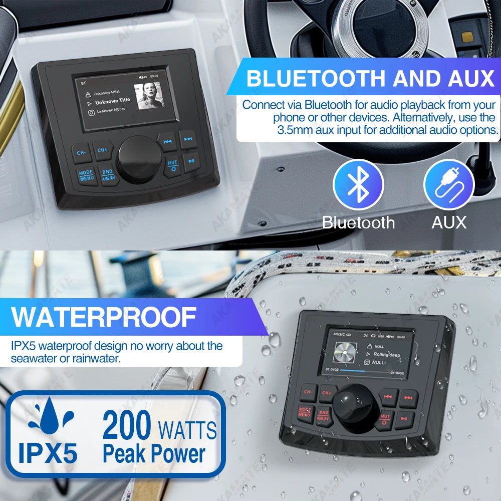 Marine Radio MP5 Boat Radio Stereo 3Inch Display Media Video Player Waterproof Bluetooth AUX AM FM RDS for ATV UTV SPA RZR