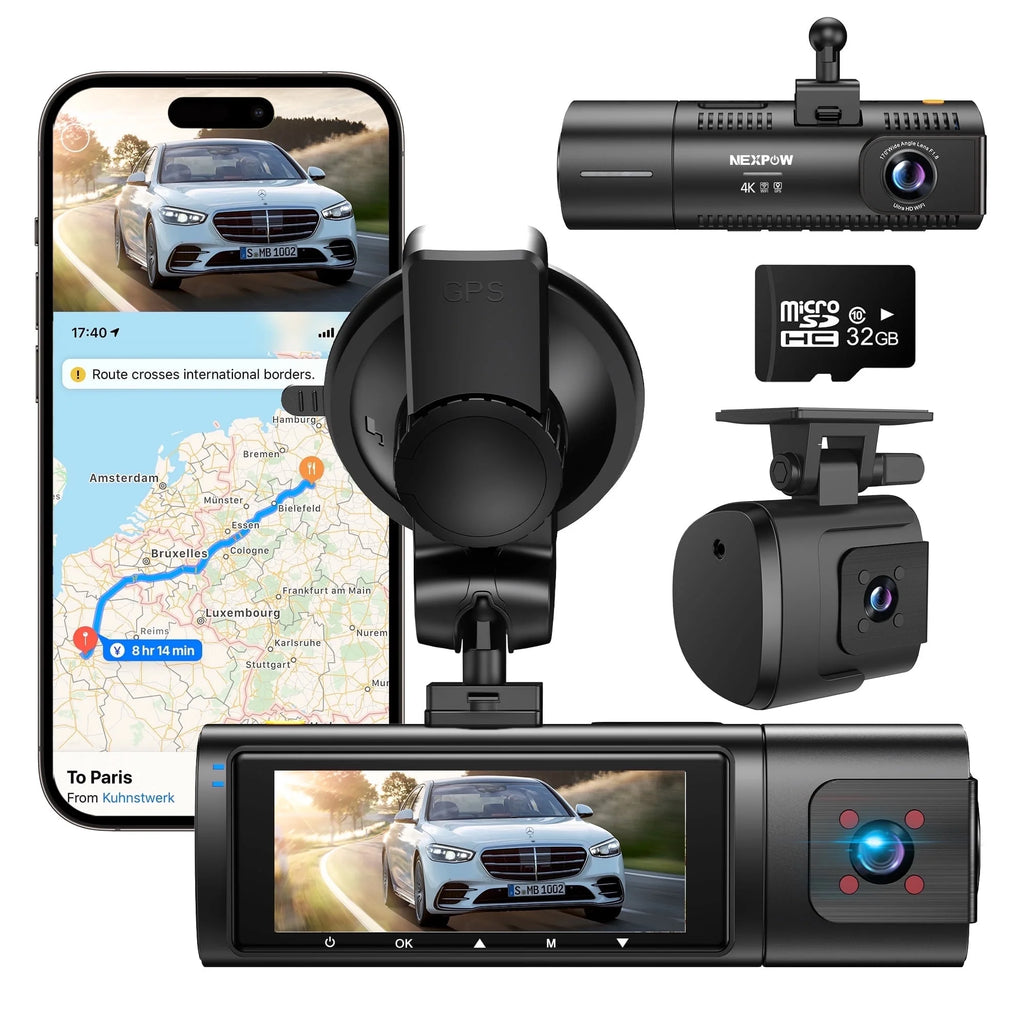 NEXPOW Dash Cam Front and Rear, 4K Full HD Dash Camera with Built-In Wifi GPS, Super Night Vision, WDR, 24H Parking Mode, 32GB Card Included