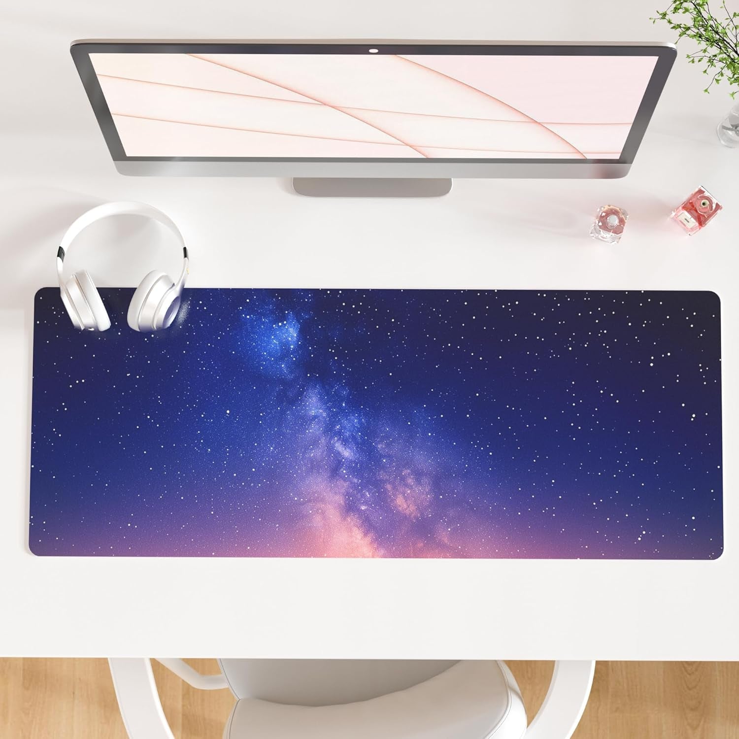 QIYI White Mouse Pad, Cute Marble Large Desk Mat, PU Leather Desk Protector Mousepad, Gold Grey Striped Waterproof Computer Keyboard Gaming Mouse Pads, Non Slip Extended Writing Pad 31.5" X 15.7"