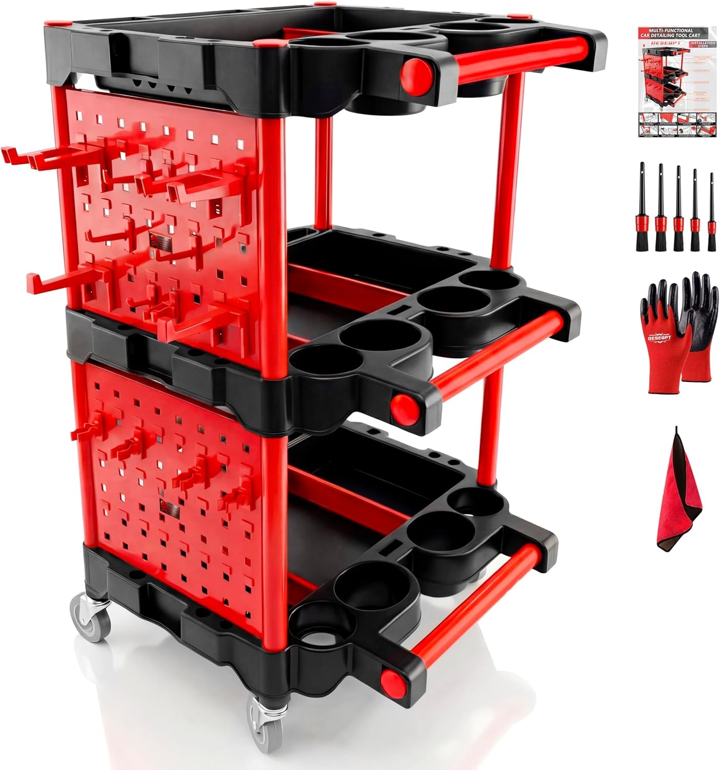 Auto Detailing Cart with Wheels, 3 Tier Rolling Detail Cart, Car Wash Organizer for Detailers Garage, Workshop, Repair Shop, Storage Tool