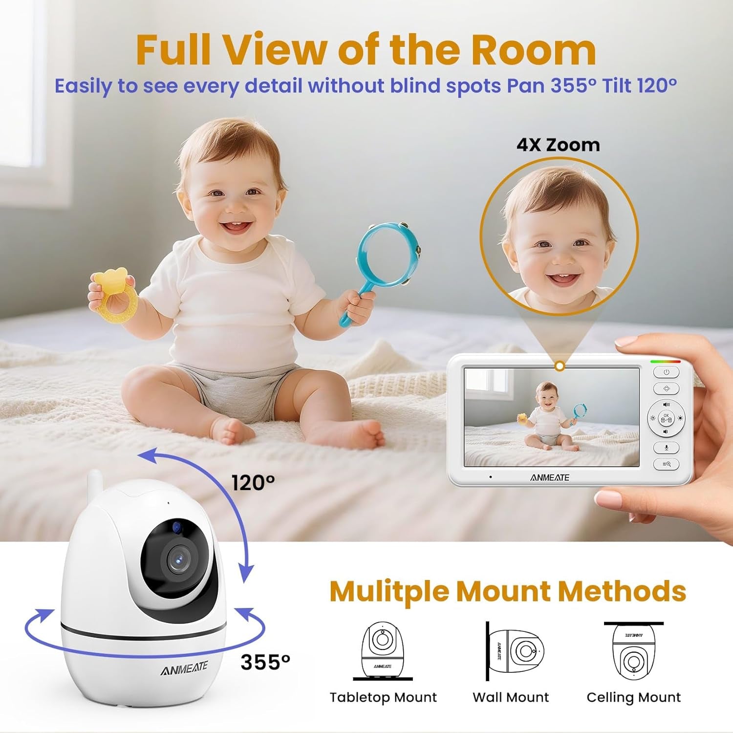 ANMEATE 5" HD Video Baby Monitor with Camera and Audio - No Wifi, 48H Battery Life,720P Remote Pan Tilt Zoom, Two-Way Talk, Night Vision, Thermal Room Monitor, Lullabies & White Noise, 1000Ft Range