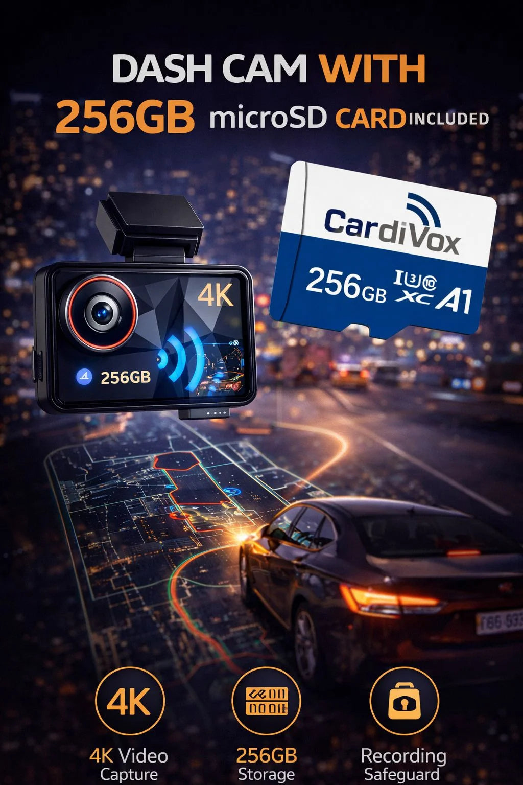 Cardivox 4K Dash Cam Front and 2K Rear Dash Camera Sony STARVIS, Wifi GPS Free 256GB