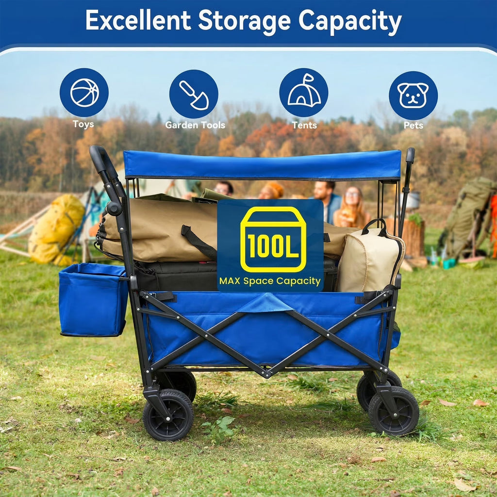 Collapsible Garden Wagon Cart with Removable Canopy Blue