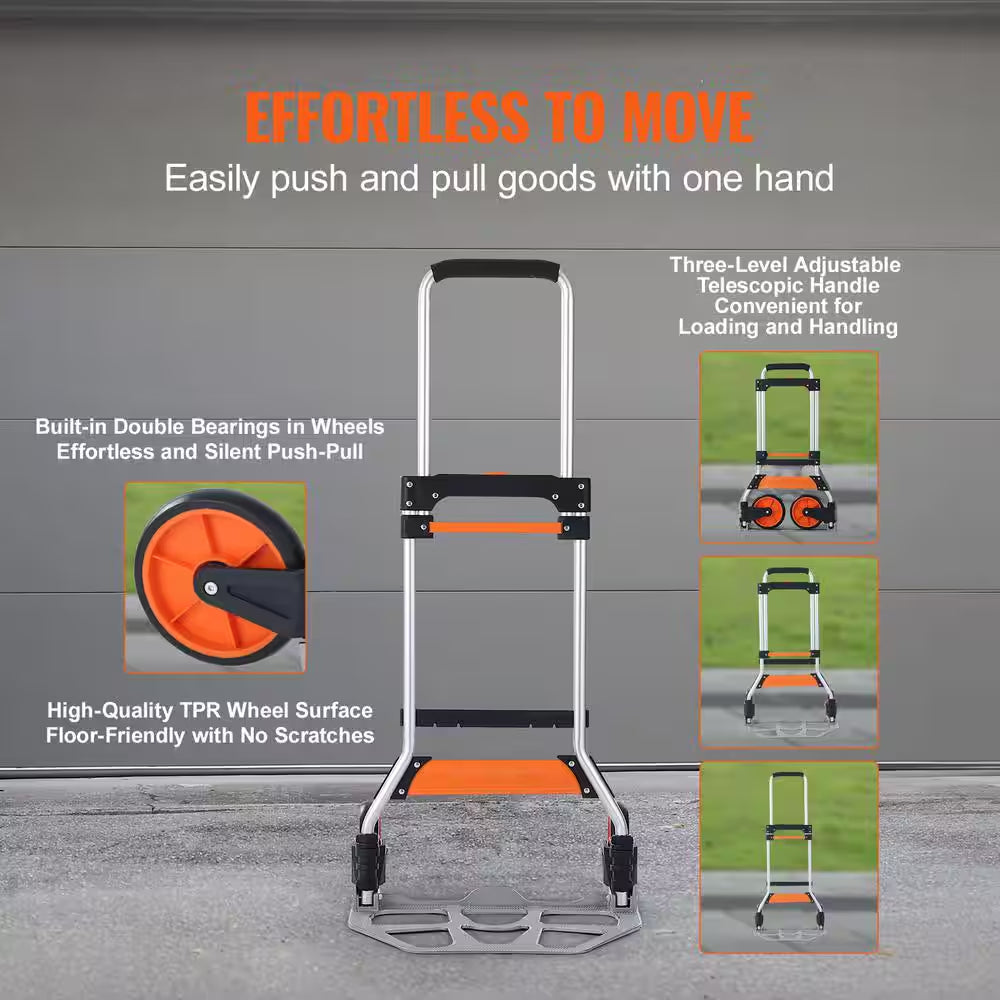 Folding Hand Truck, 275 Lbs. Capacity, Aluminum Portable Cart, Convertible with Telescoping Handle and PP+TPR Wheels
