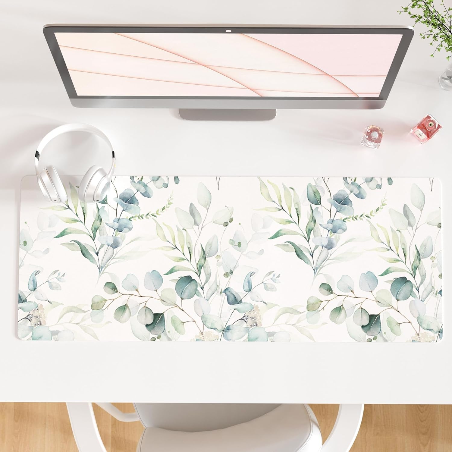 QIYI White Mouse Pad, Cute Marble Large Desk Mat, PU Leather Desk Protector Mousepad, Gold Grey Striped Waterproof Computer Keyboard Gaming Mouse Pads, Non Slip Extended Writing Pad 31.5" X 15.7"