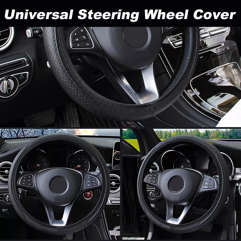 Premium Black Leather Steering Wheel Cover for 15" (37-38CM) - Enhanced Grip Car Accessory