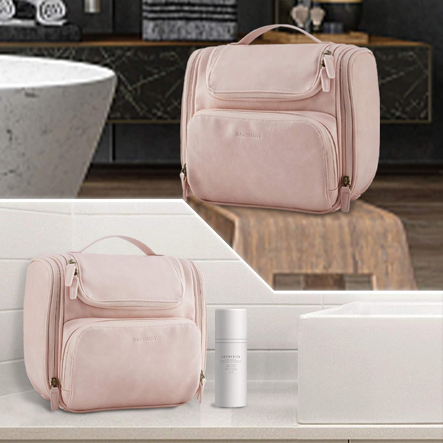 BAGSMART Hanging Toiletry Bag, Water-Resistant Leather Dopp Kit, Large Travel Organizer for Full Sized Container, Nude Pink