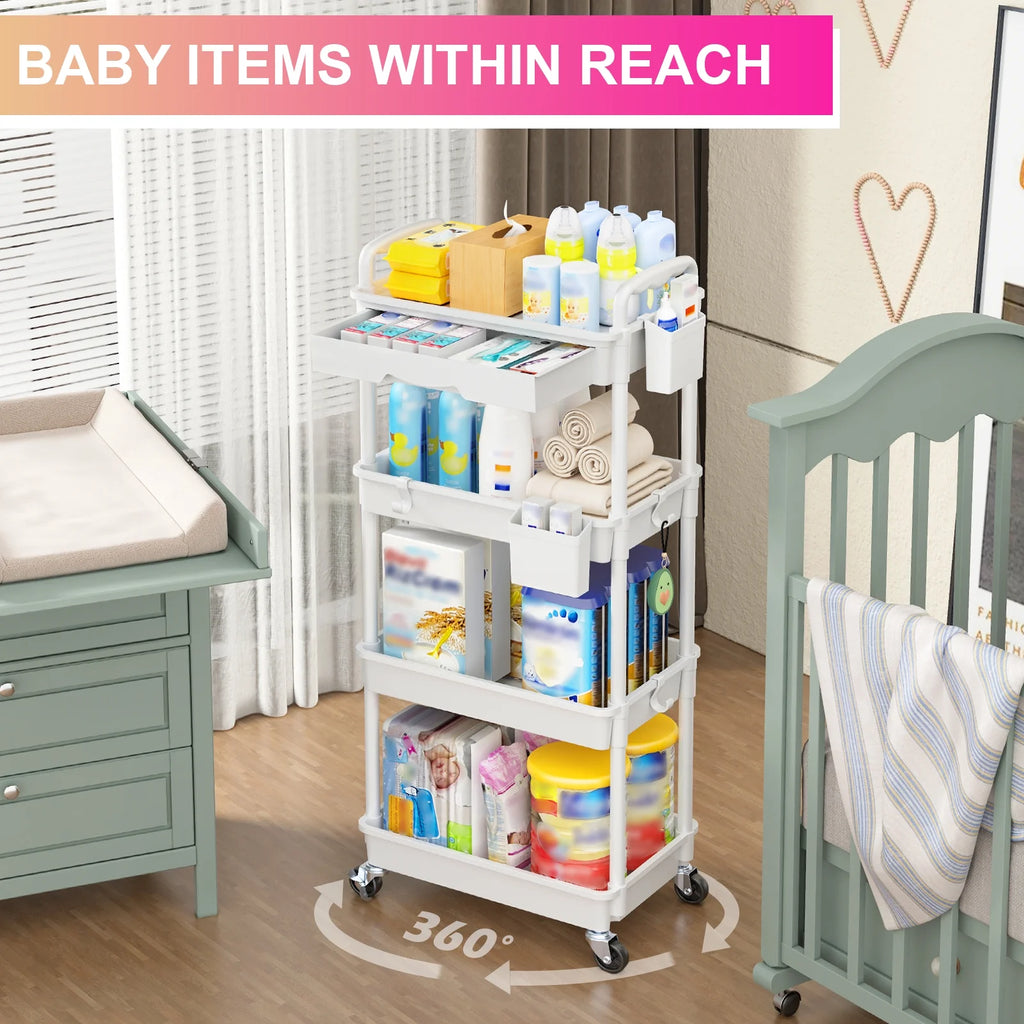 Yeabett 4 Tier Rolling Utility Cart Organizer with Removable Drawer, Mobile Storage Carts with 2 Lockable Wheels for Bathroom, Kitchen, Snack, Craft, Makeup, Baby Essentials, White