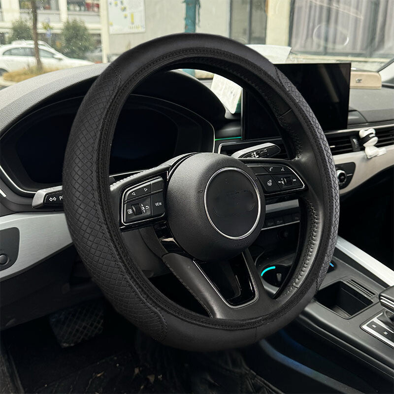 Premium Black Leather Steering Wheel Cover for 15" (37-38CM) - Enhanced Grip Car Accessory