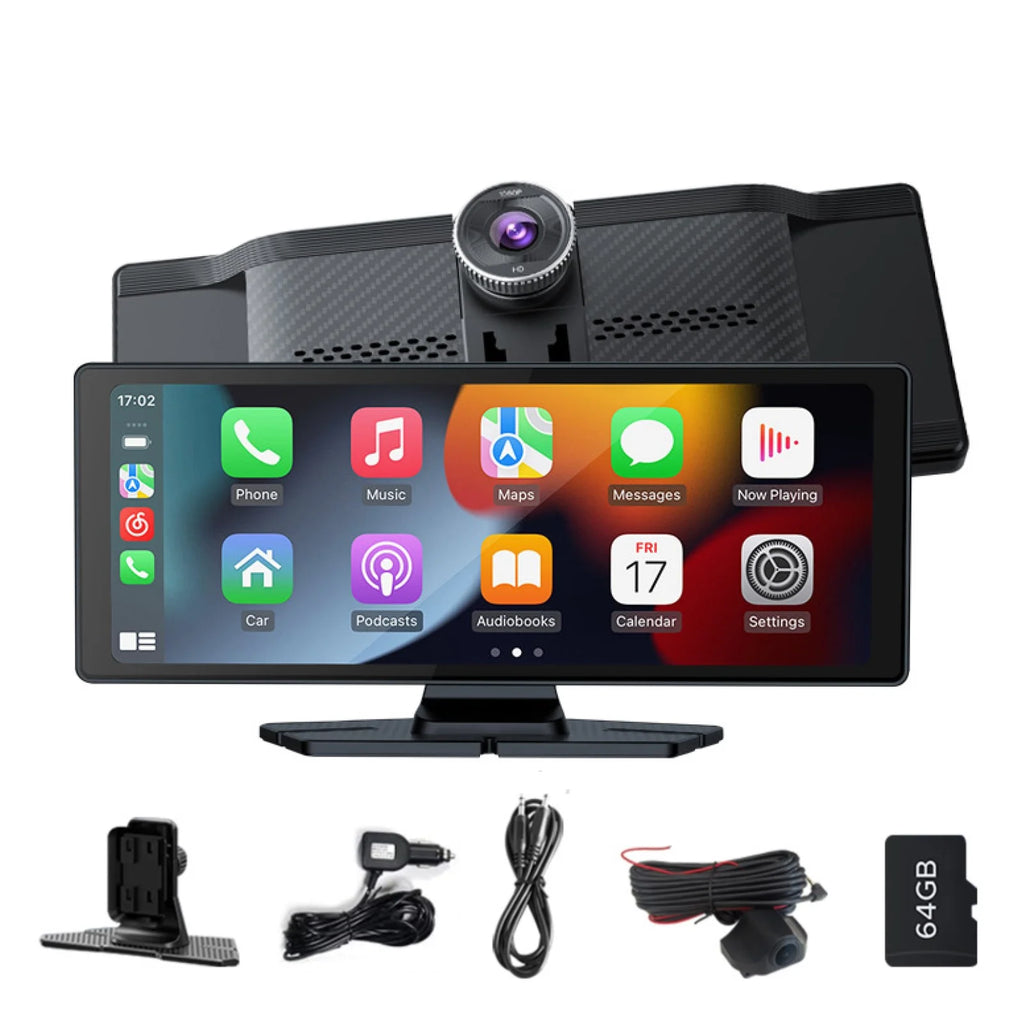 Pecham 10.26" Wireless Apple Carplay with Bluetooth, 4K 1080P Dual Dash Camera Front and Rear, Portable Car Stereo GPS Navigation with Car Audio, Airplay, Mirror Link, 64GB TF Card