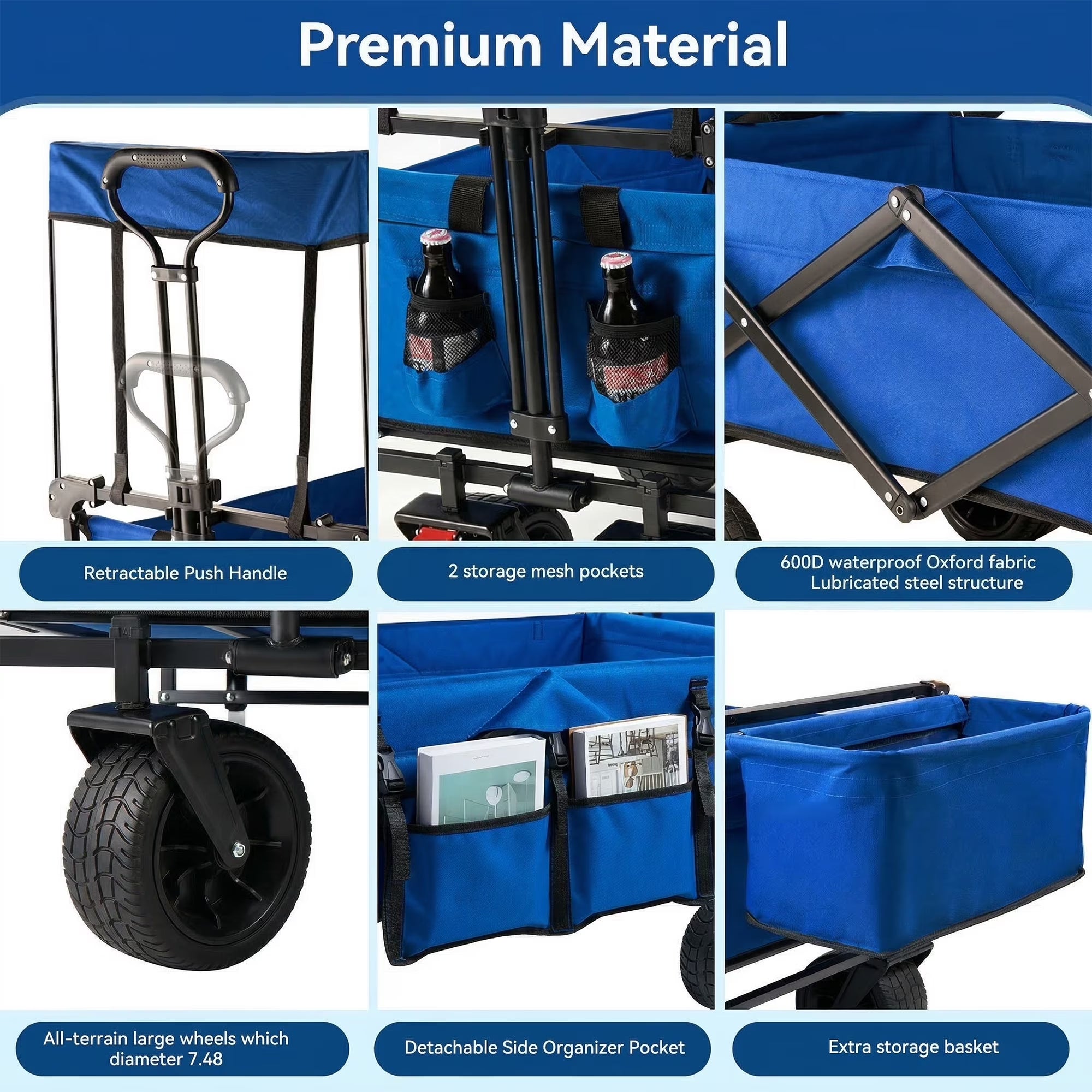 Collapsible Garden Wagon Cart with Removable Canopy Blue