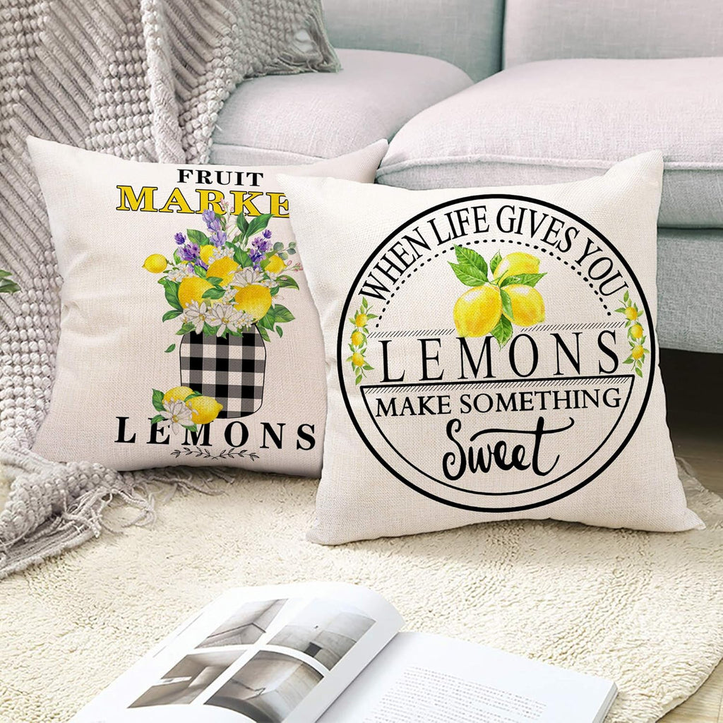 Set of 4 Hexagram Lemon Farmhouse Pillow Covers 16x16 - Summer Buffalo Plaid Decorative Cushions for Couch, Sofa, and Indoor Living Room Decor (No Insert)