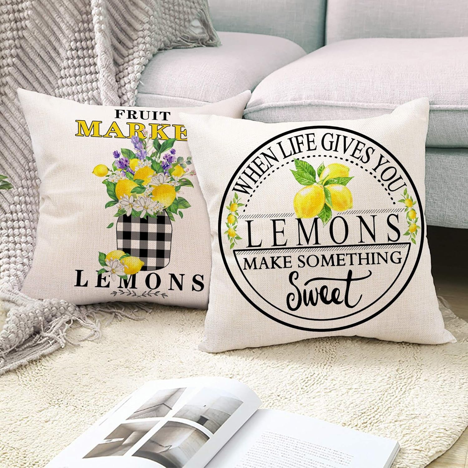 Set of 4 Hexagram Lemon Farmhouse Pillow Covers 16x16 - Summer Buffalo Plaid Decorative Cushions for Couch, Sofa, and Indoor Living Room Decor (No Insert)