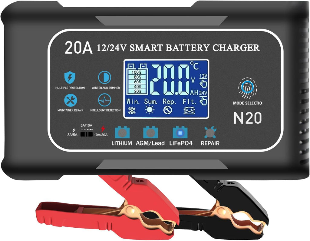Battery Charger 0-20A 12V and 24V Lithium, Lifepo4, Lead Acid (Agm/Gel/Sla), Smart Car Battery Charger and Maintainer, Trickle Charger with Pulse Repair for Car, Boat, Marine, Deep Cycle