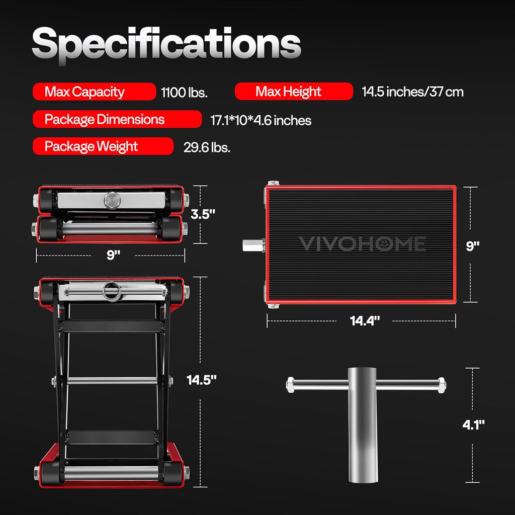 VIVOHOME 1100 LBS Heavy-Duty Motorcycle Lift Scissor Jack - Adjustable Height Hoist Stand for Cruisers, Dirt Bikes & ATVs - Durable Steel Construction in Red
